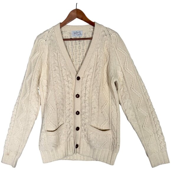 Vintage Men's 100% Cream Wool Cable Knit Cardigan Fisherman V Neck Coastal M - Picture 1 of 8
